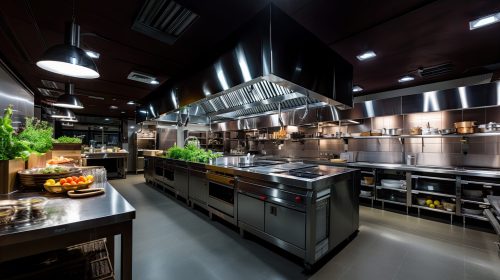Empty restaurant kitchen with professional equipment.